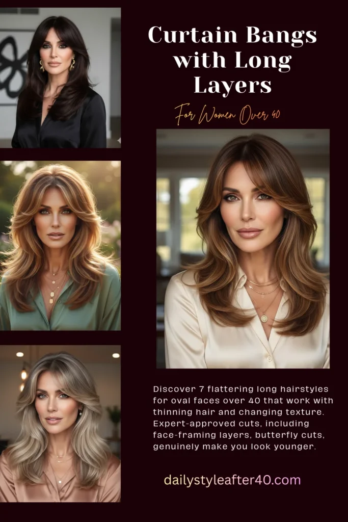 Curtain Bangs with Long Layers: A Low-Maintenance Option for Oval Faces Over 40