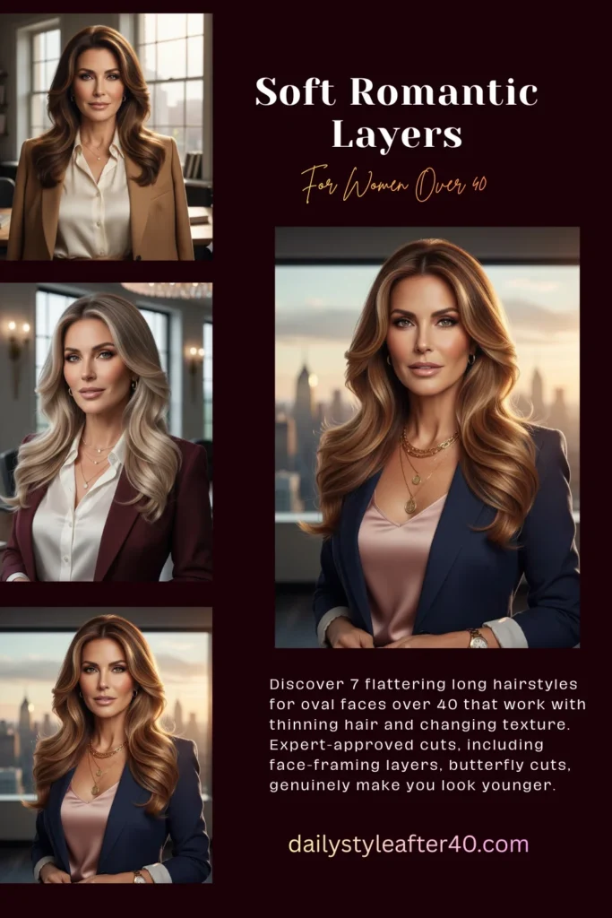 Soft Romantic Layers: An Elegant Long Hairstyle for Oval Faces Over 40 in Professional Settings
