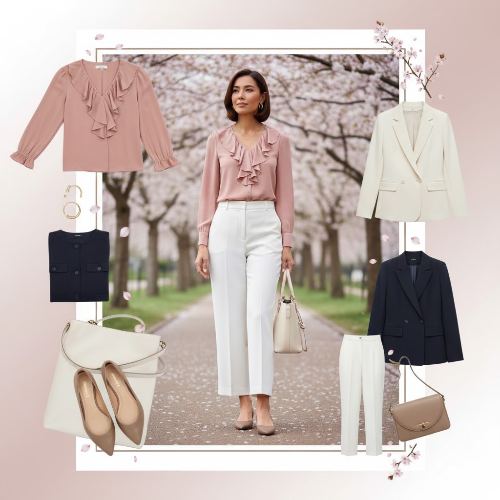 Cherry Blossom Outfits : Blush Ruffled Blouse + White Wide-Leg Trousers + Taupe Flats