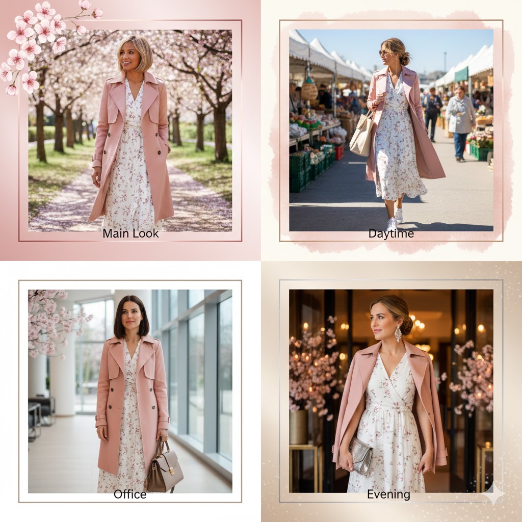Cherry Blossom Outfits : Blush Trench Coat with White Floral Dress and Silver Heels
