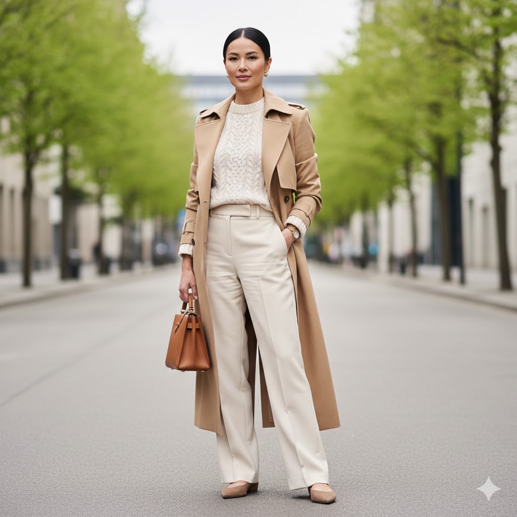 Cream Knit Sweater + Cream Wide-Leg Trousers + Camel Trench – Elegant Outfits for Women Over 40