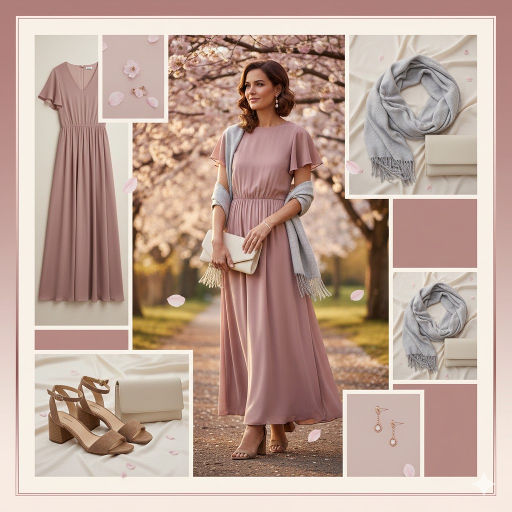Cherry Blossom Outfits : Dusty Pink Chiffon Maxi + Taupe Block Heels
