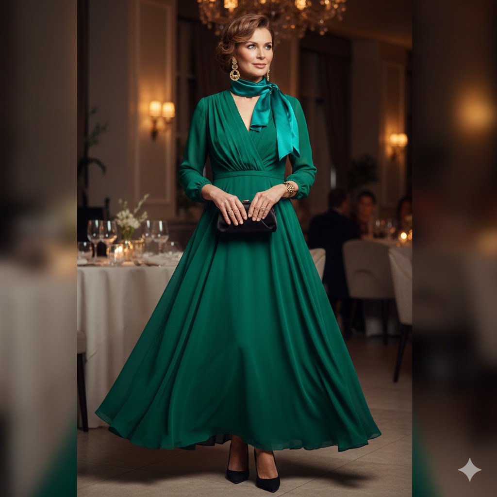 Emerald Maxi Dress + Silk Scarf + Black Heels – Dressy Spring Outfits for Women Over 40