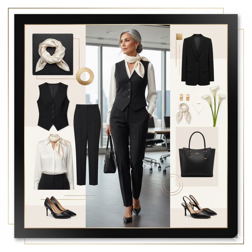  Ivory Silk Scarf with Tailored Black Vest