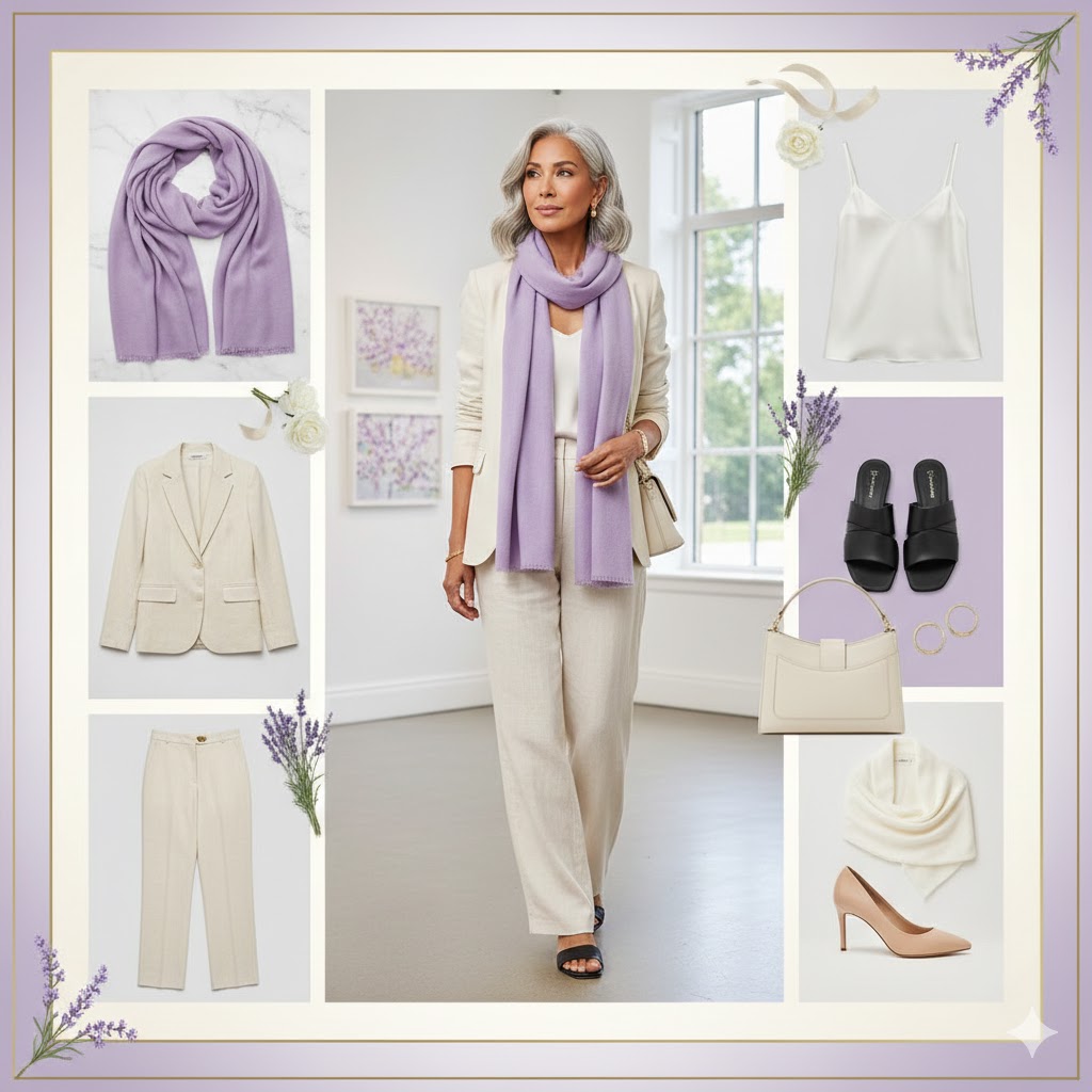 Lavender Cashmere Scarf with Cream Linen Blazer