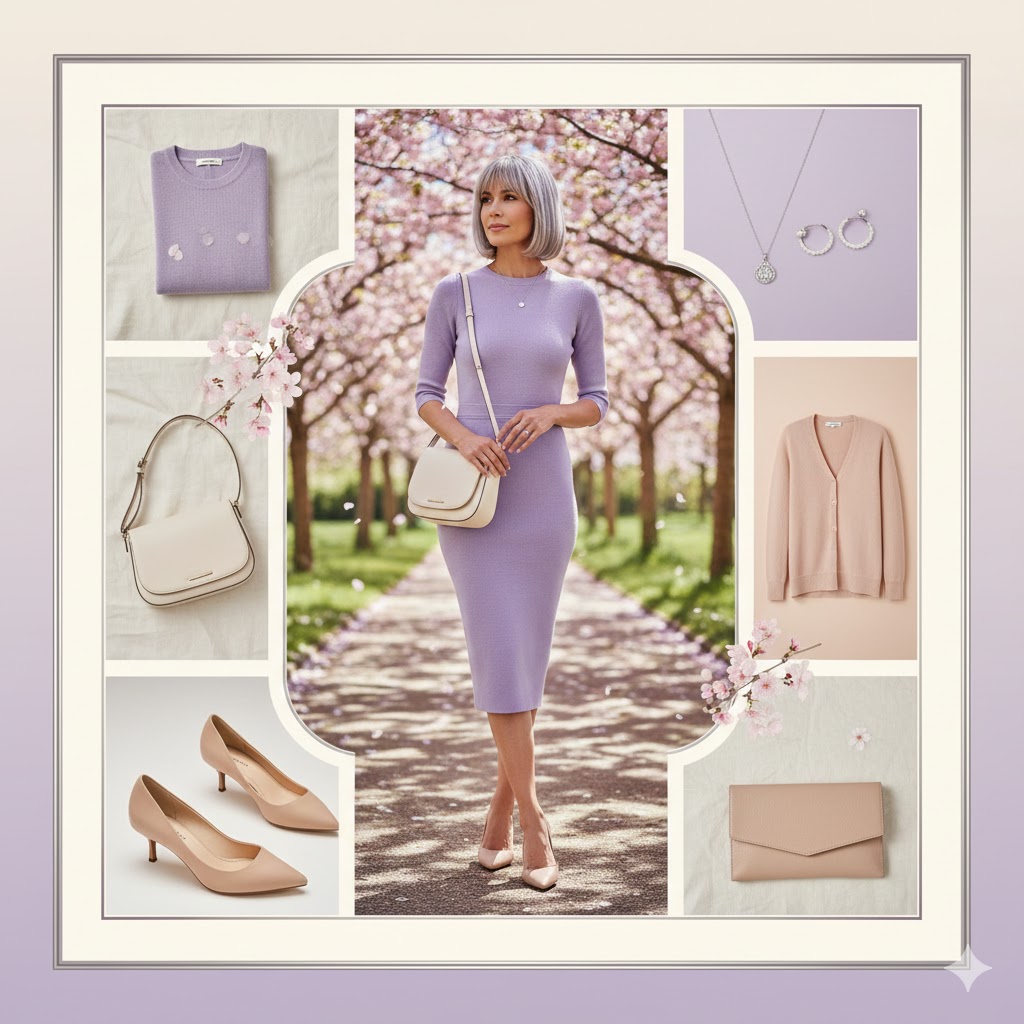 Cherry Blossom Outfits : Lavender Knit Midi Dress + Versatile Accessories