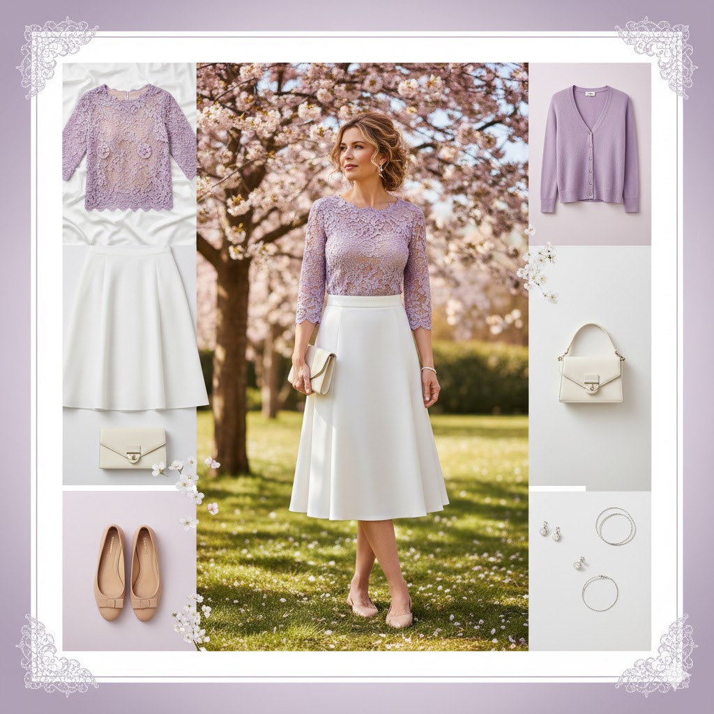 Cherry Blossom Outfits : Lavender Lace Top + White Midi Skirt + Nude Ballet Flats