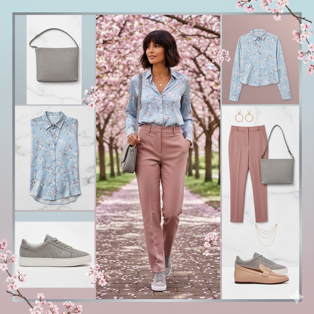 Cherry Blossom Outfits :Light Blue Cherry Blossom Print Shirt + Rose Trousers + Grey Suede Sneakers
