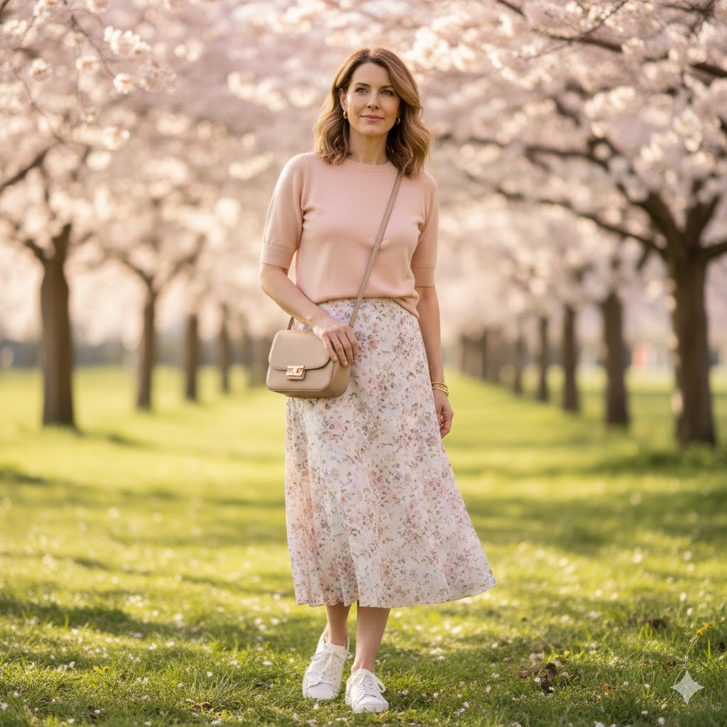 Peach Knit Sweater + Floral Midi Skirt + White Sneakers – Casual Spring Outfits for Women Over 40