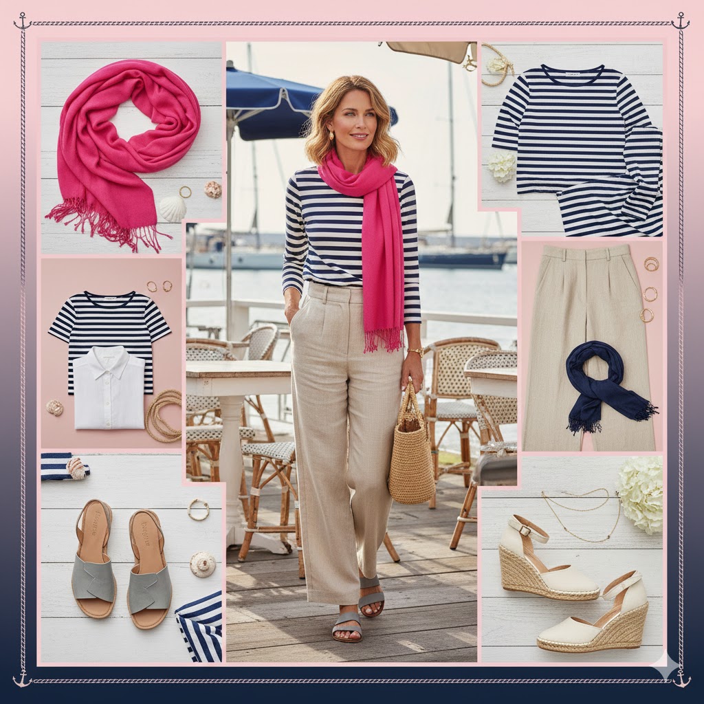 Pink Pashmina with Navy Breton Stripes