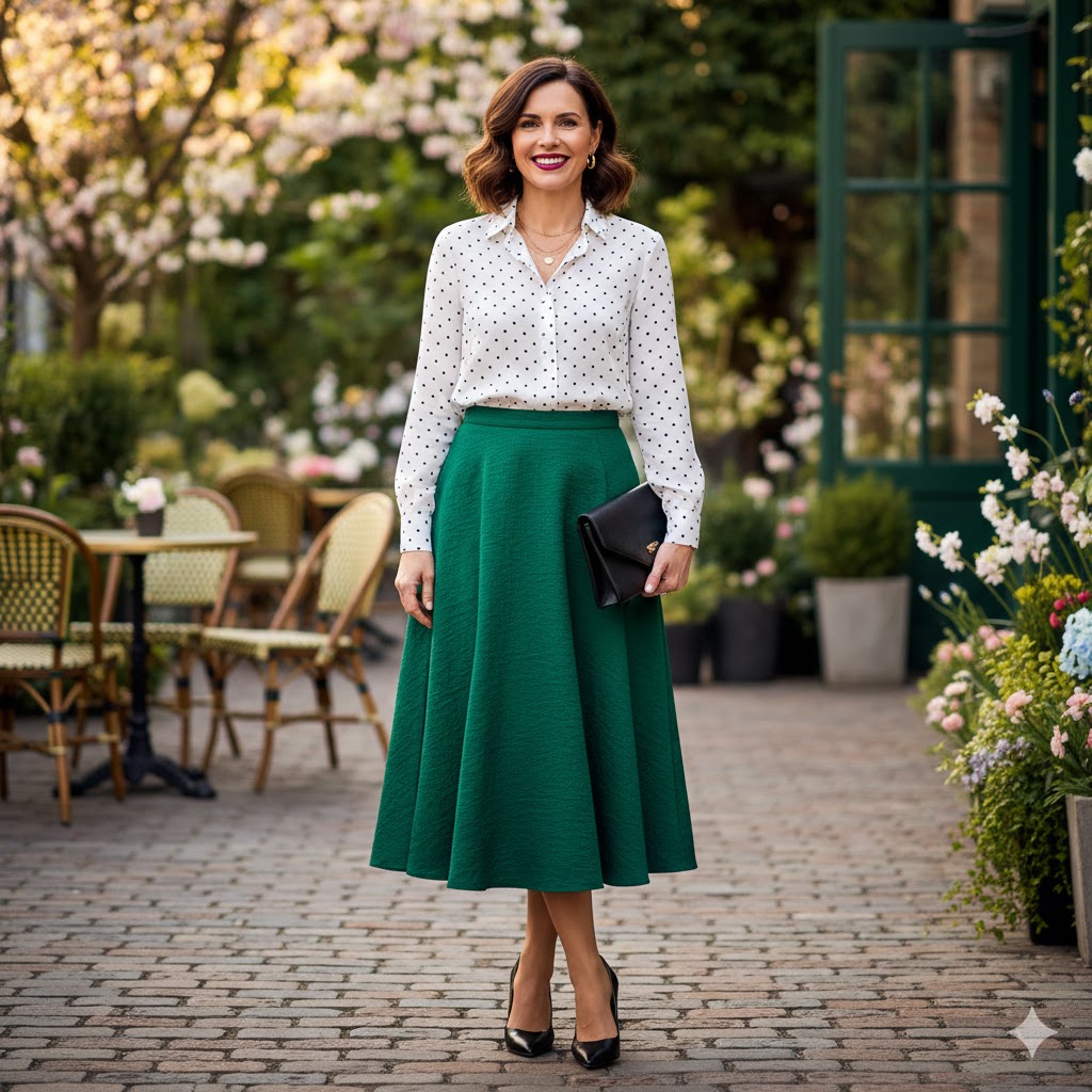 Polka Dot Blouse + Emerald Midi Skirt + Black Heels – Stylish Spring Outfits for Women Over 40