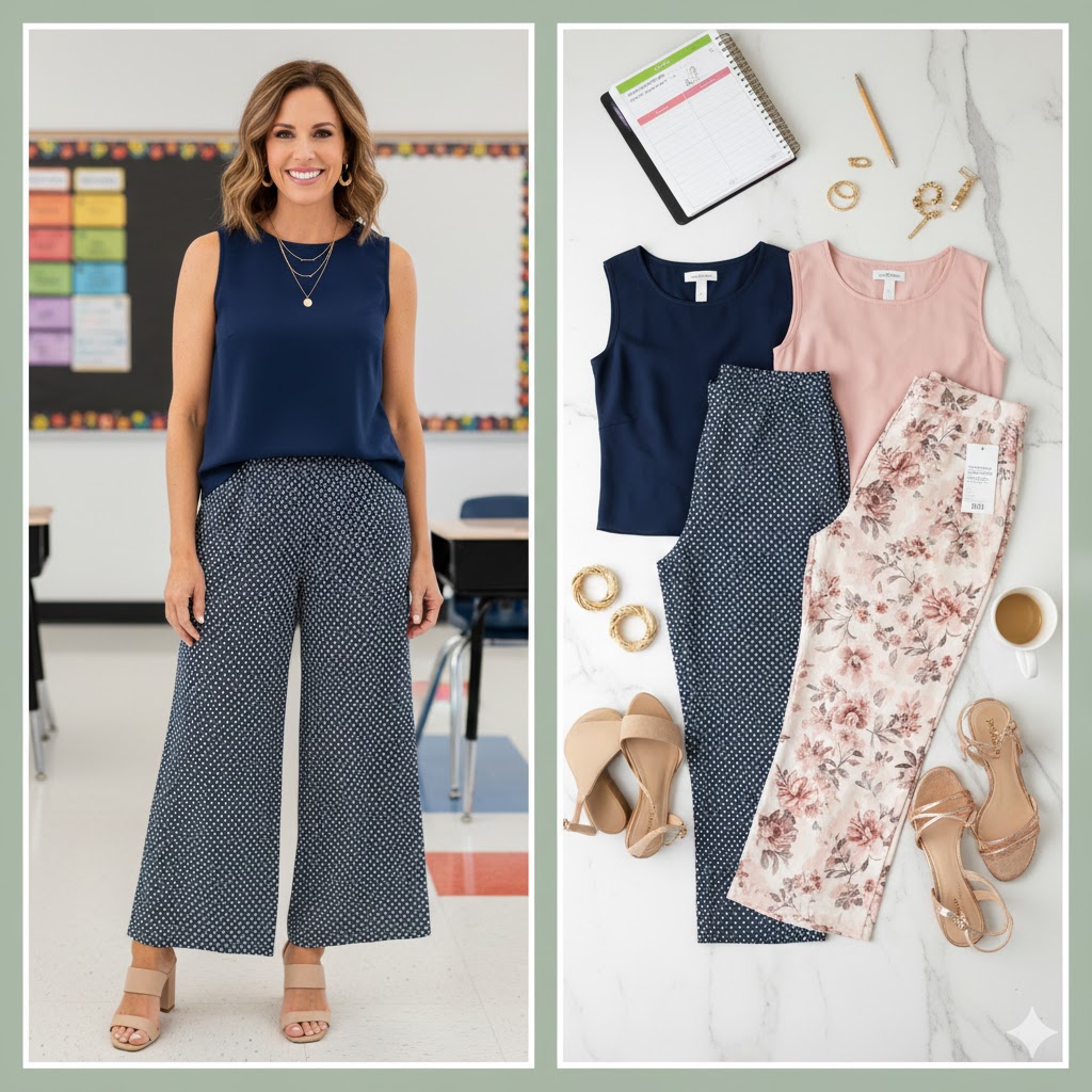 Printed Flowy Pants – Stylish Teacher Pants for Women Over 40