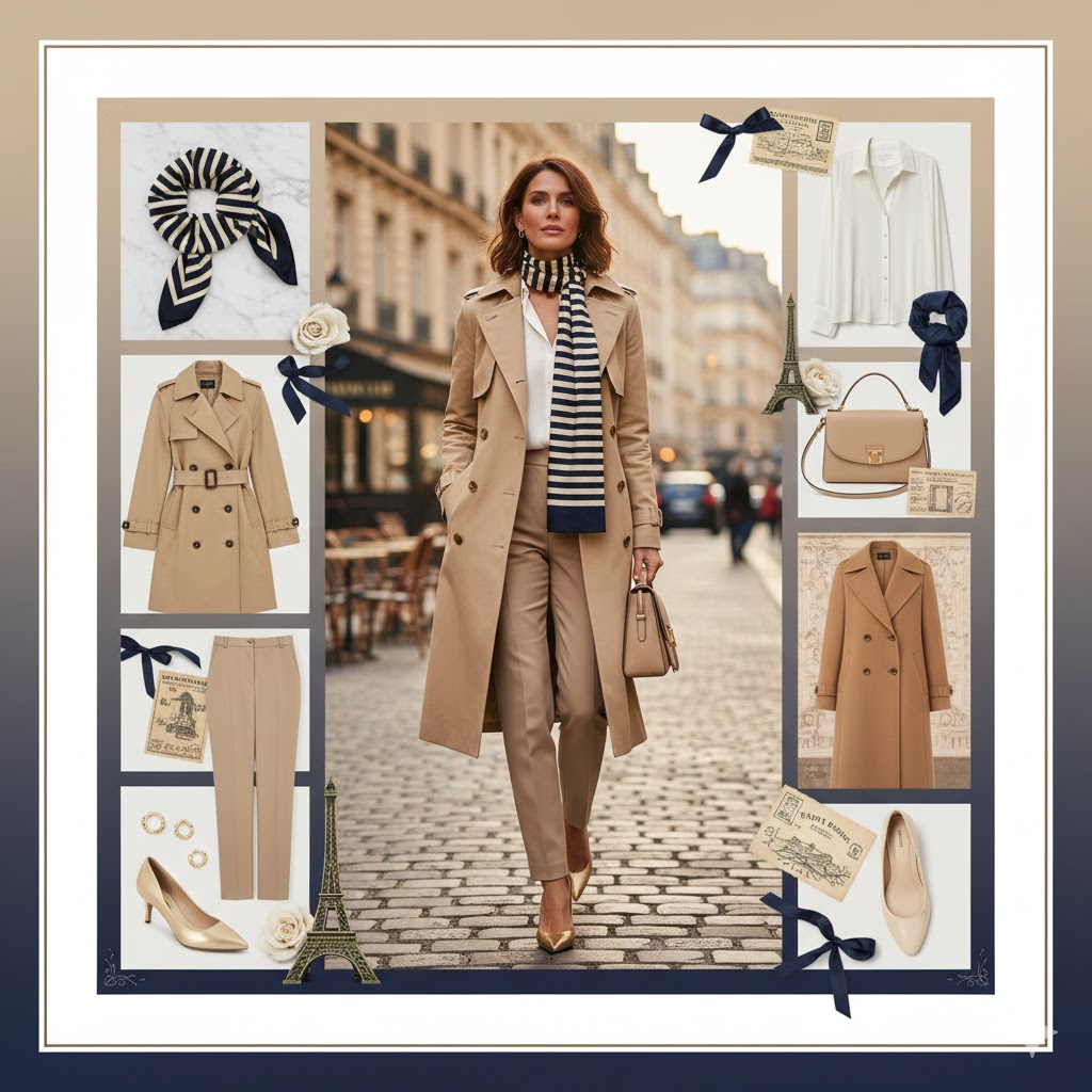 Spring Scarf Outfits for Women Over 40: Striped Silk with Classic Trench