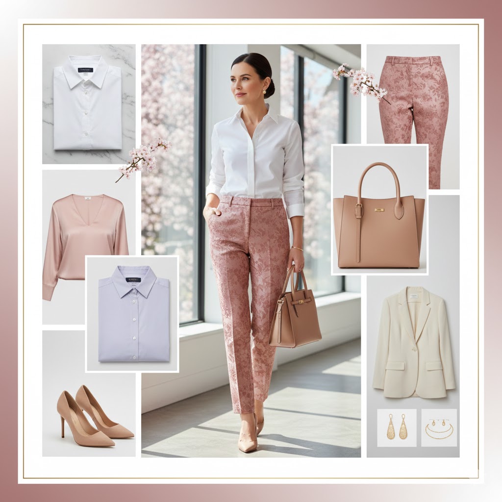 Cherry Blossom Outfits : White Button-Down + Dusty Rose Brocade Trousers + Nude Heels