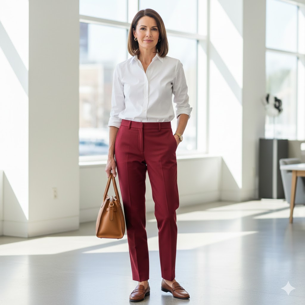 White Button-Down + Red Trousers + Brown Loafers – Timeless Outfits for Women Over 40