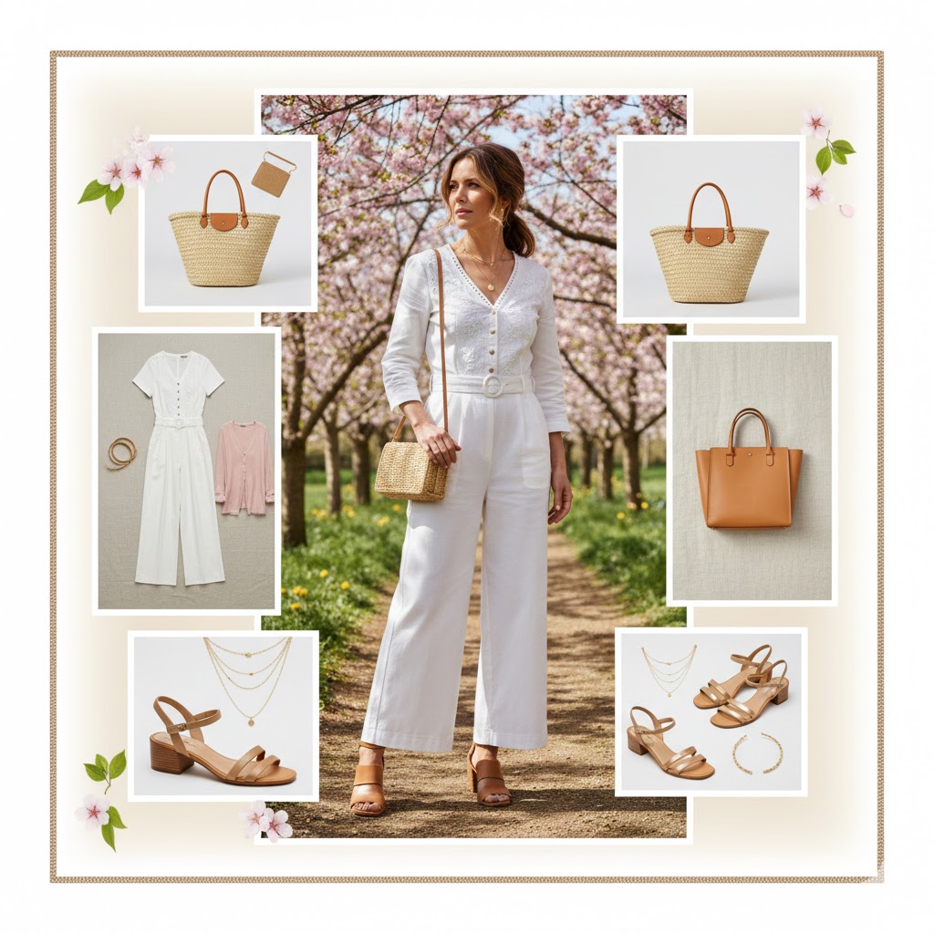 Cherry Blossom Outfits : White Cotton Jumpsuit + Tan Block Heel Sandals