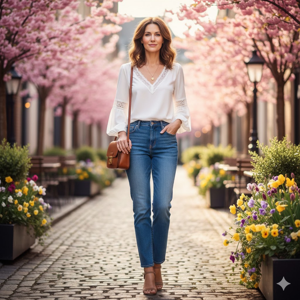 White Lace Blouse + Blue Denim Jeans + Taupe Heels – Easy Spring Outfits for Women Over 40