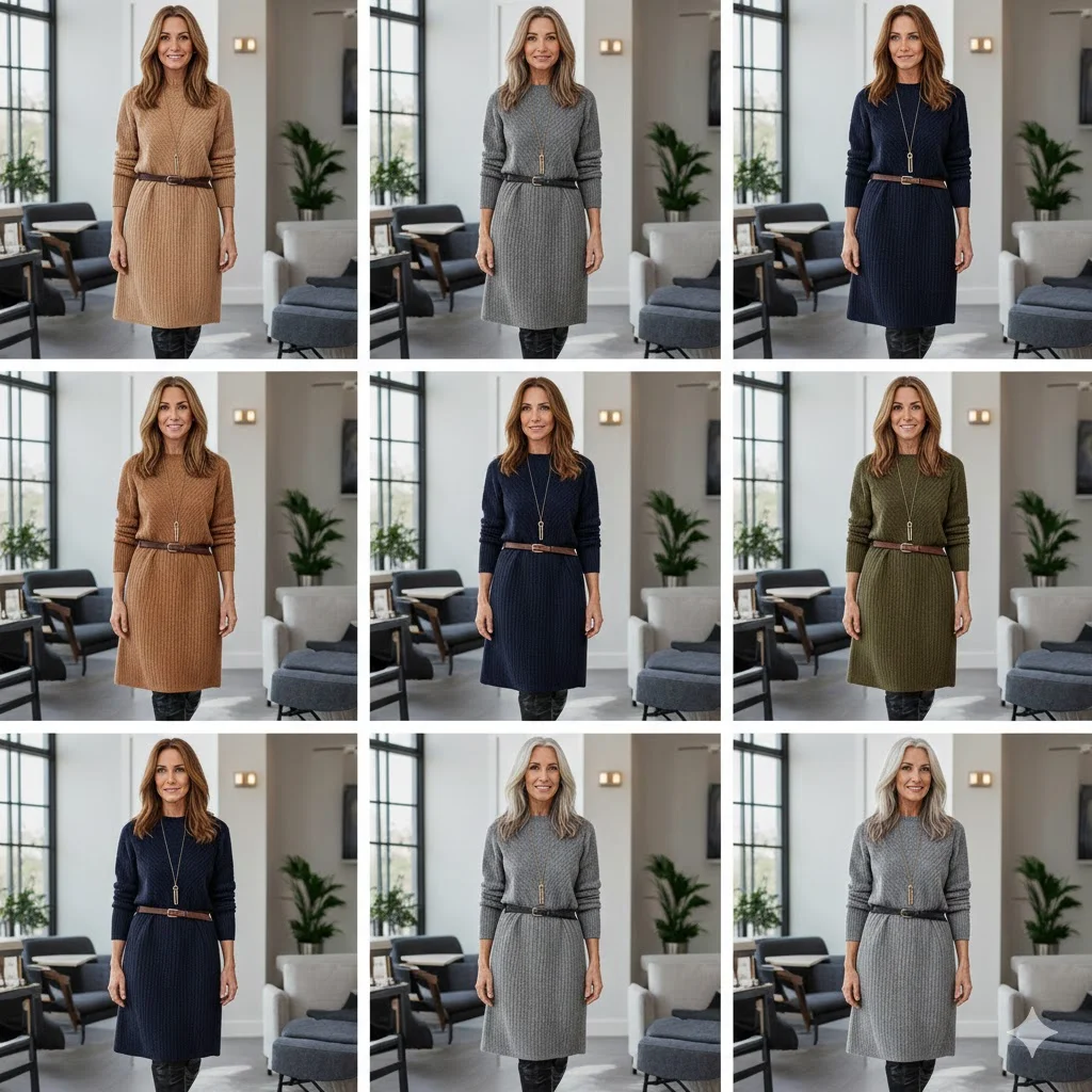 Work Outfits for Women Over 40: Knit Sweater Dress + Tall Boots (The Friday Outfit)