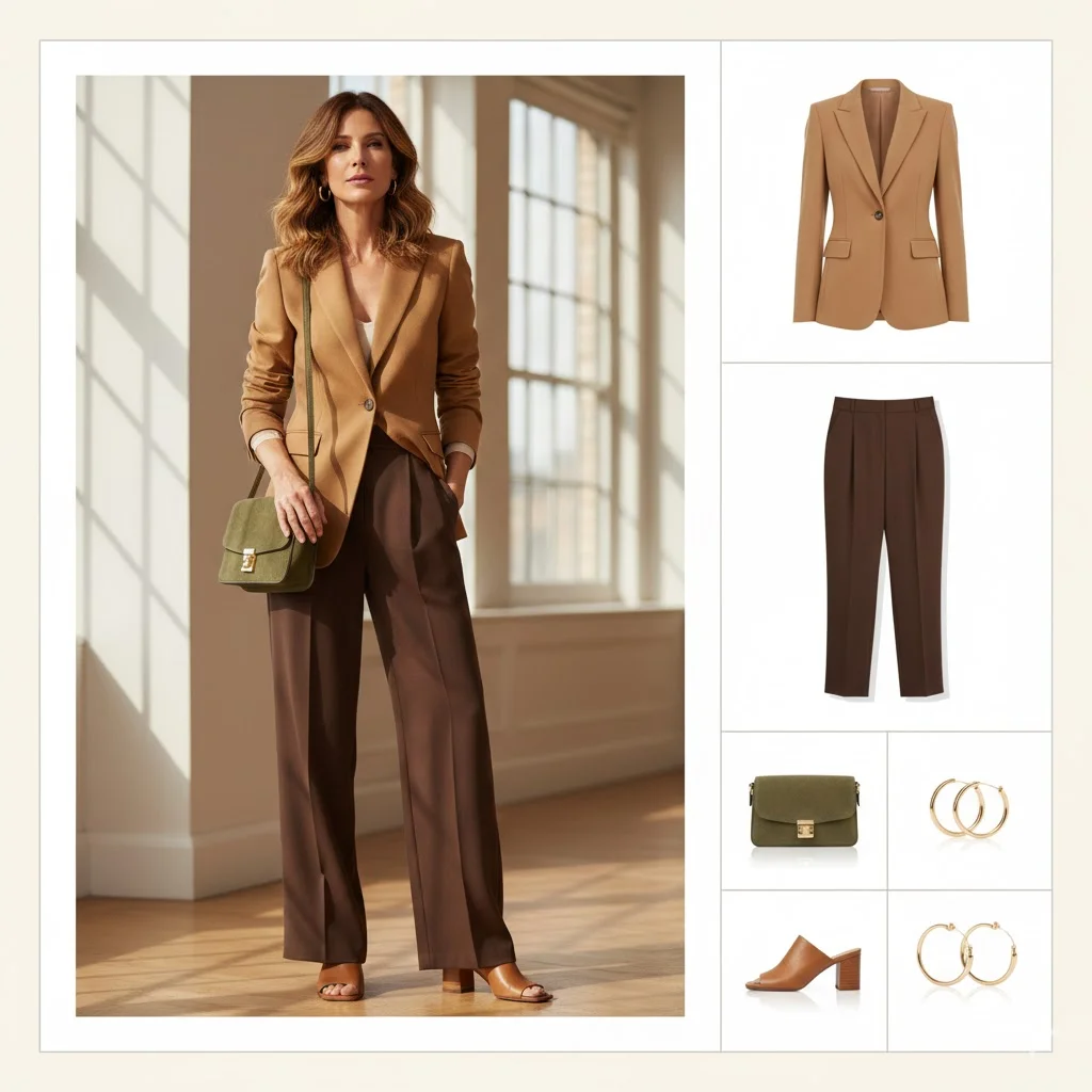 Work Outfits for Women Over 40: Earthy Neutrals: Tan Blazer + Brown Trousers