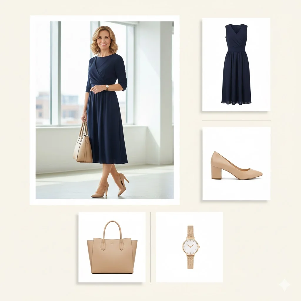 Work Outfits for Women Over 40: Navy Midi Dress + Nude Accessories