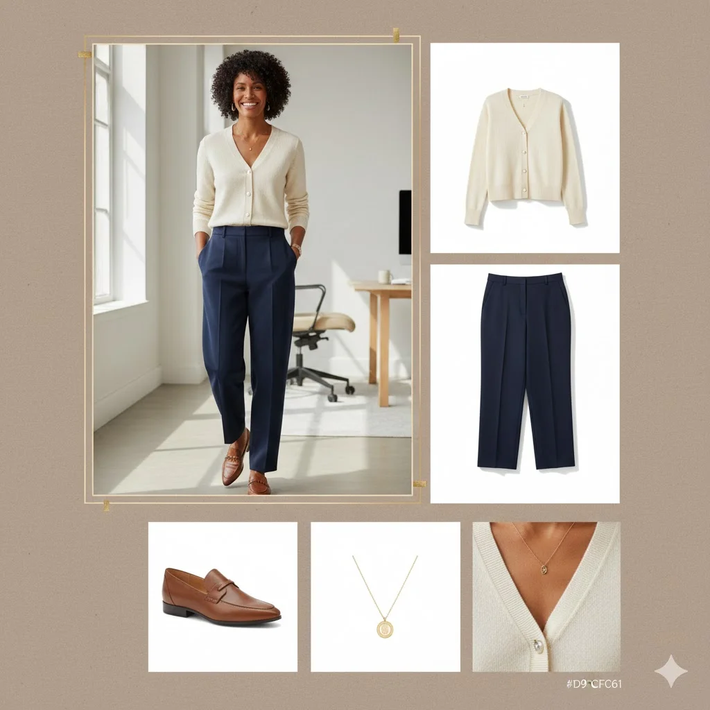 Work Outfits for Women Over 40: Buttoned Cardigan + High-Waisted Trousers