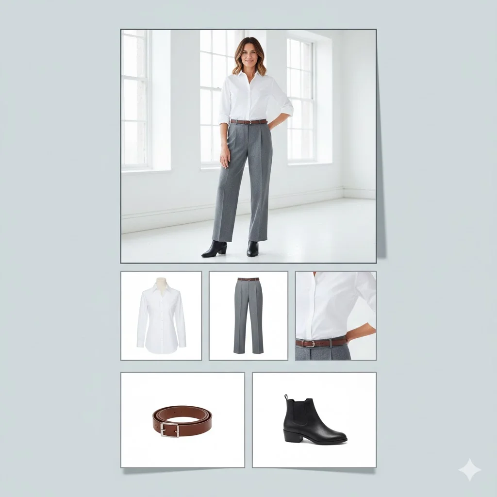 Work Outfits for Women Over 40: White Button-Down + Grey Wide-Leg Trousers
