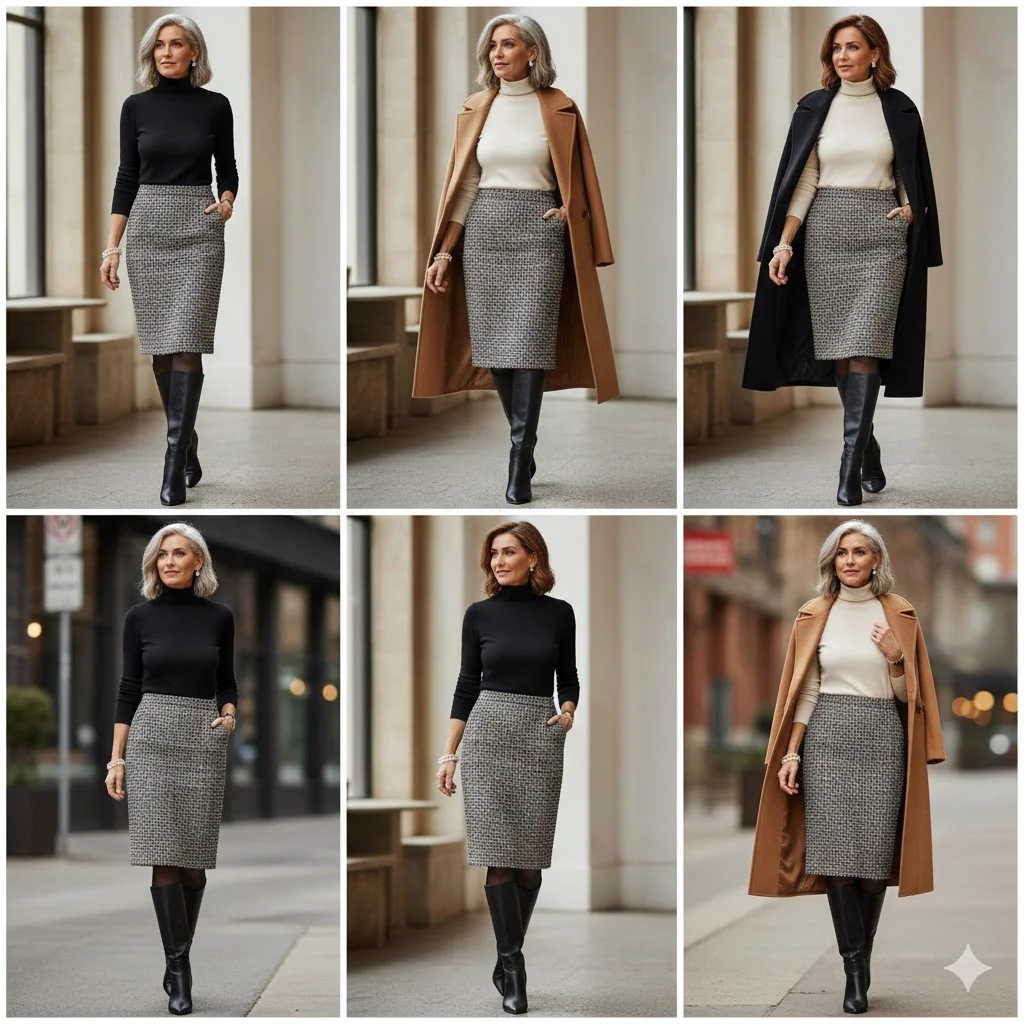 Work Outfits for Women Over 40: Slim Turtleneck + Tweed Pencil Skirt