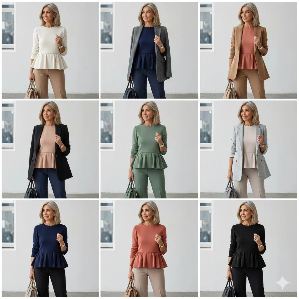 Work Outfits for Women Over 40: Peplum Top + Slim-Fit Trousers