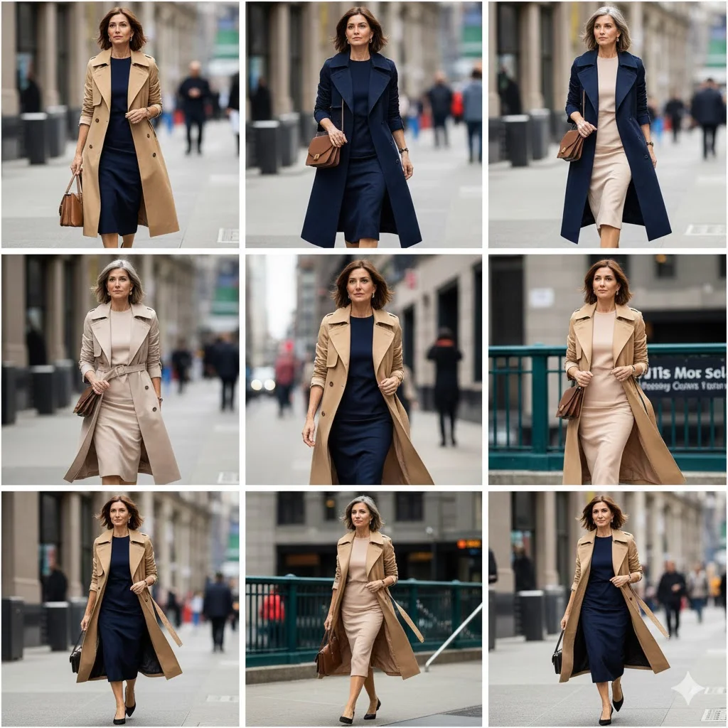 Work Outfits for Women Over 40: Trench Coat + Sheath Dress (The Commuter Outfit)