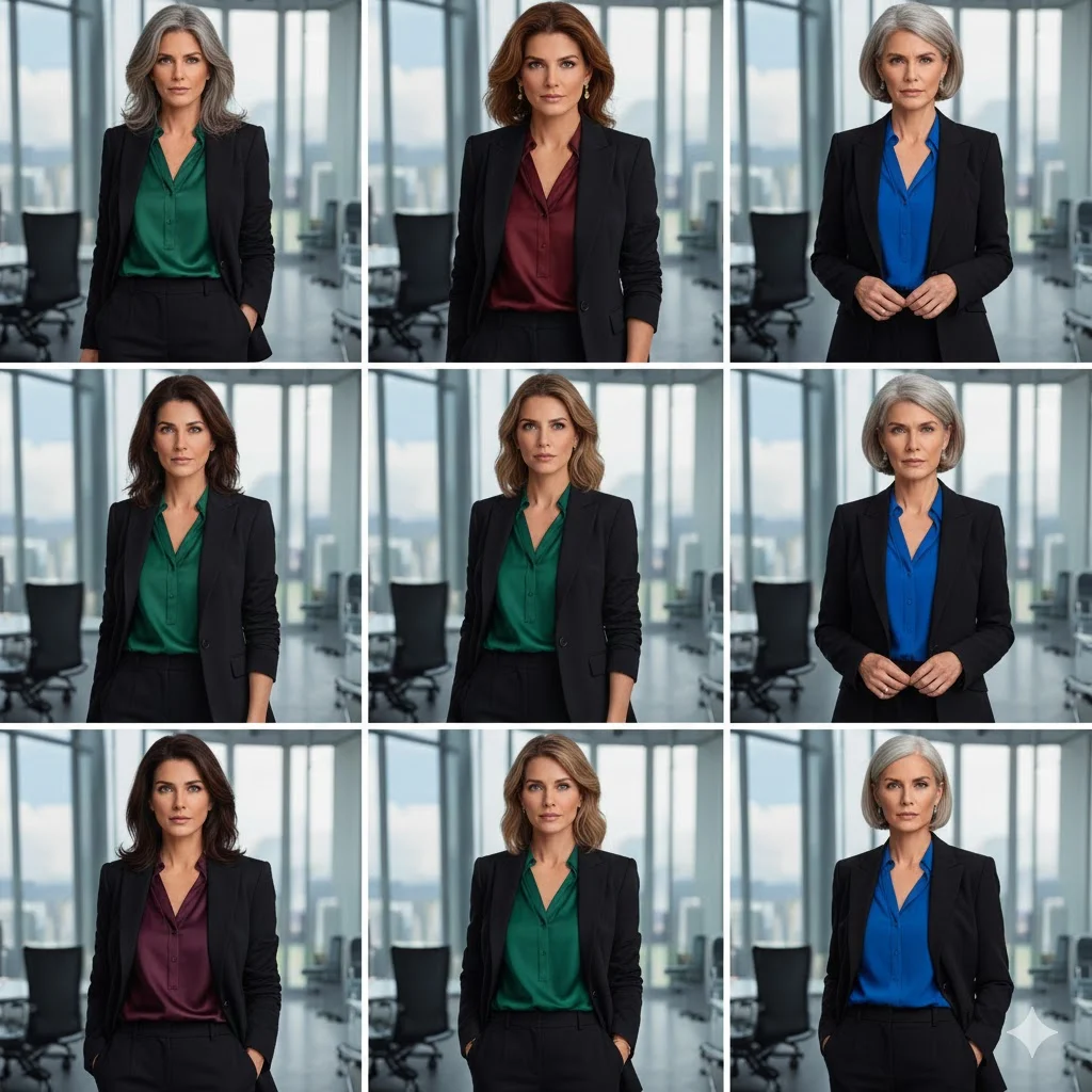 Work Outfits for Women Over 40: Jewel-Tone Blouse + Black Blazer + Black Trousers