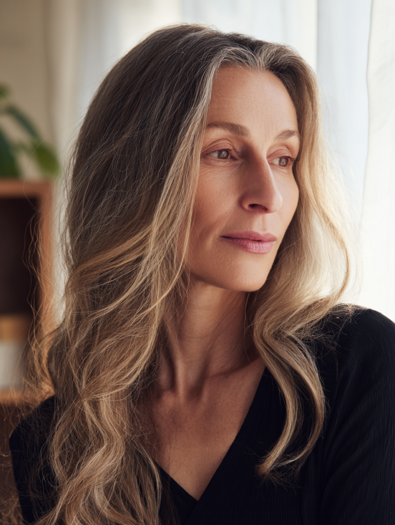 Wavy Hairstyles for Women Over 40: Long Loose Waves with Middle Part