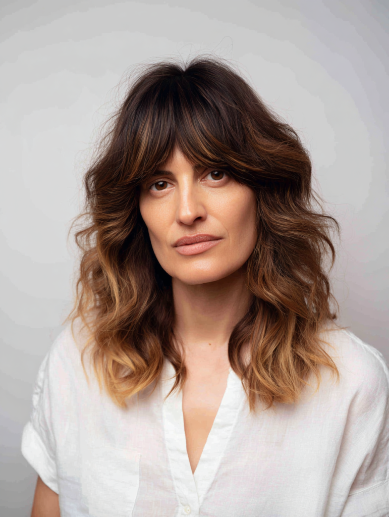 Shoulder-Length Waves with Curtain Bangs