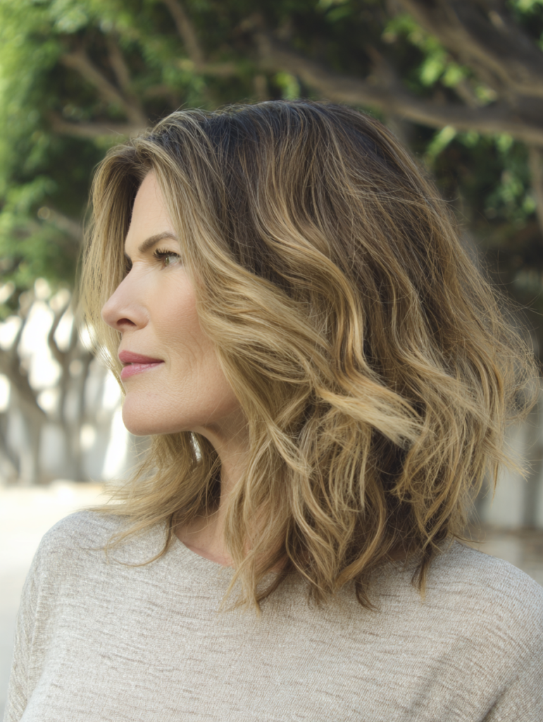 Wavy Hairstyles for Women Over 40: Wavy Lob with Subtle Layers